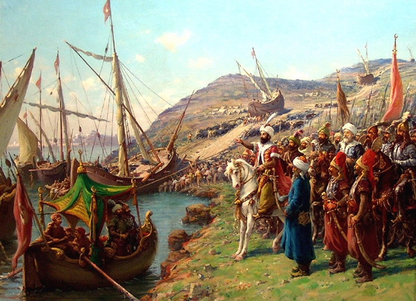 Sultan Mehmed II oversees the transport of his ships